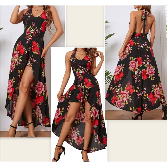 Kormei Women Halter Top Black Red Floral Hi Lo Rayon Maxi Romper Dress Size L - Picture 1 of 14
